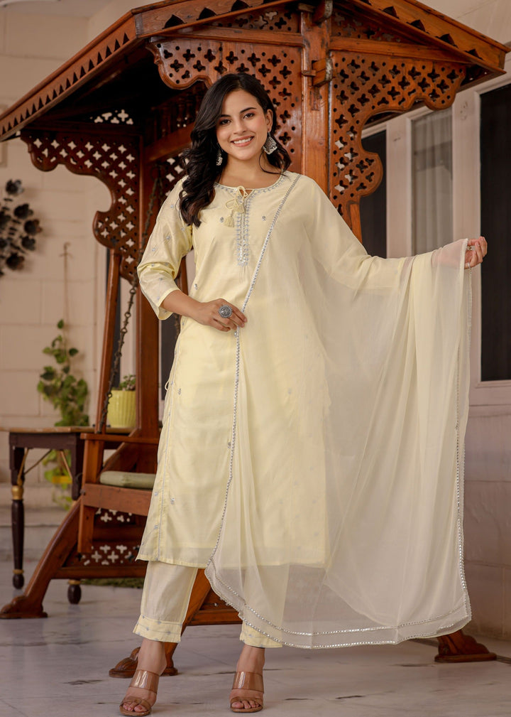 Light Yellow Modal Silk Kurta Pant Set With Dupatta