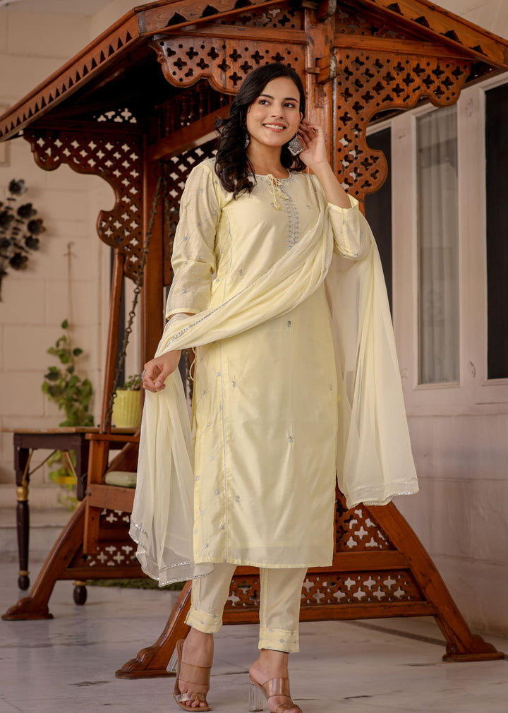 Light Yellow Modal Silk Kurta Pant Set With Dupatta