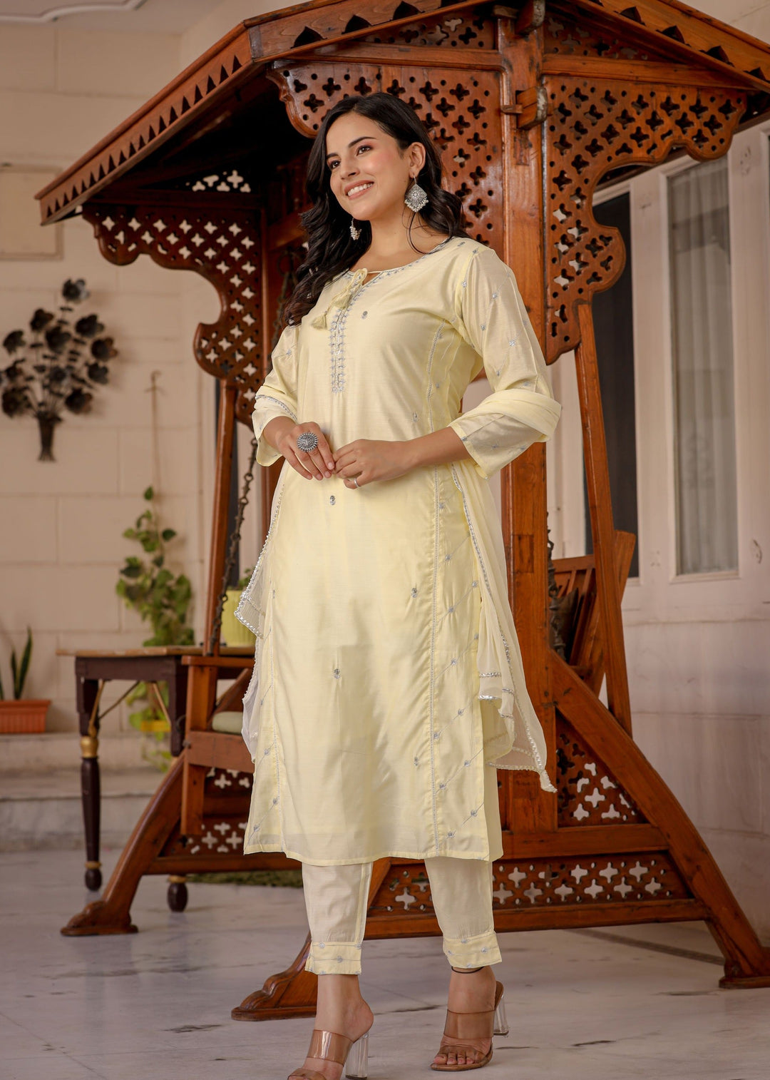 Light Yellow Modal Silk Kurta Pant Set With Dupatta