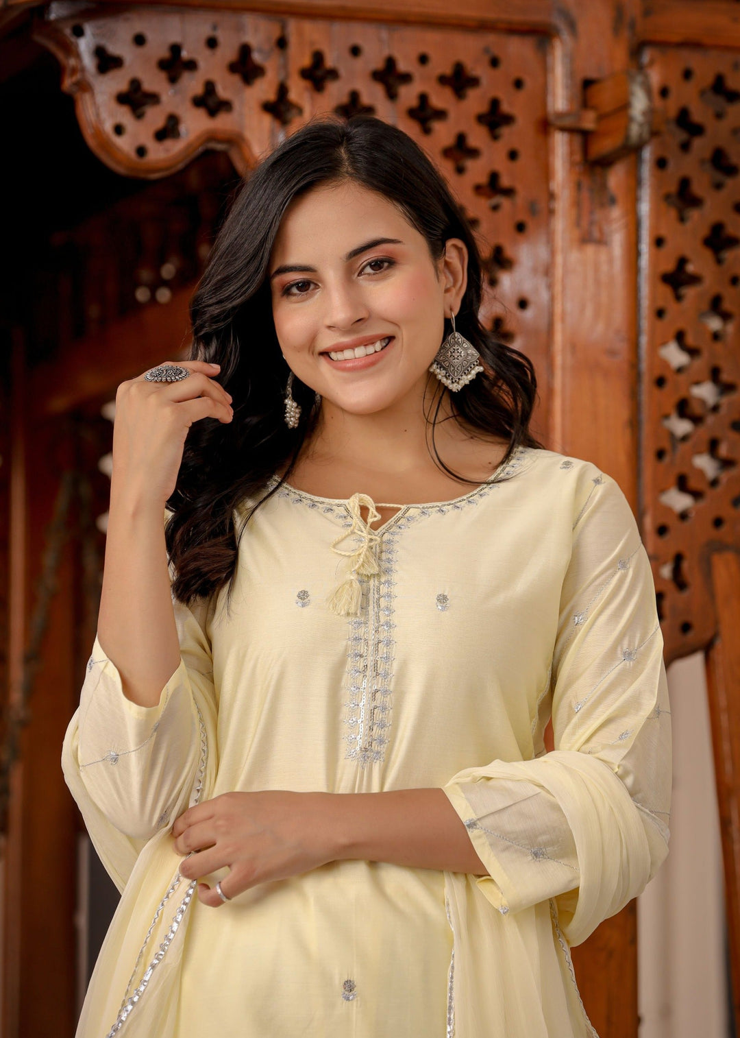 Light Yellow Modal Silk Kurta Pant Set With Dupatta