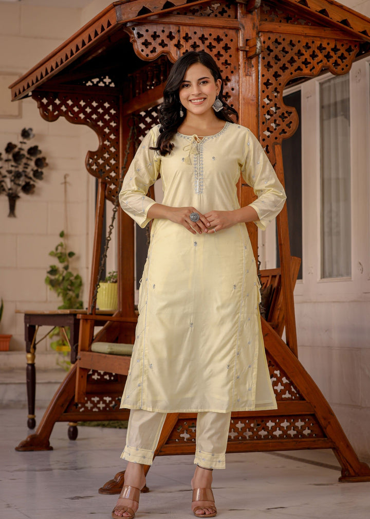 Light Yellow Modal Silk Kurta Pant Set With Dupatta