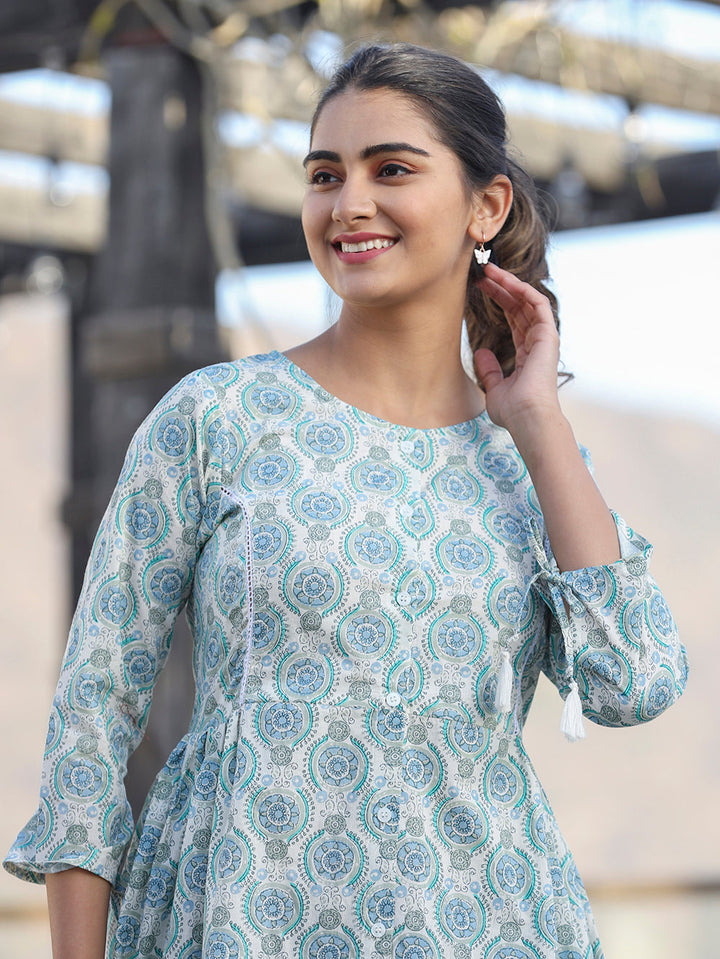 Off White Green Printed Shirt Style Cotton Tunic