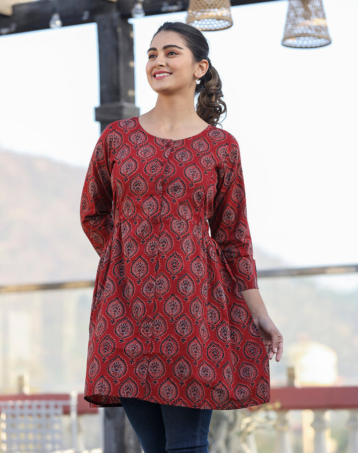 Maroon Ajrak Print Cotton Shirt Style Tunic