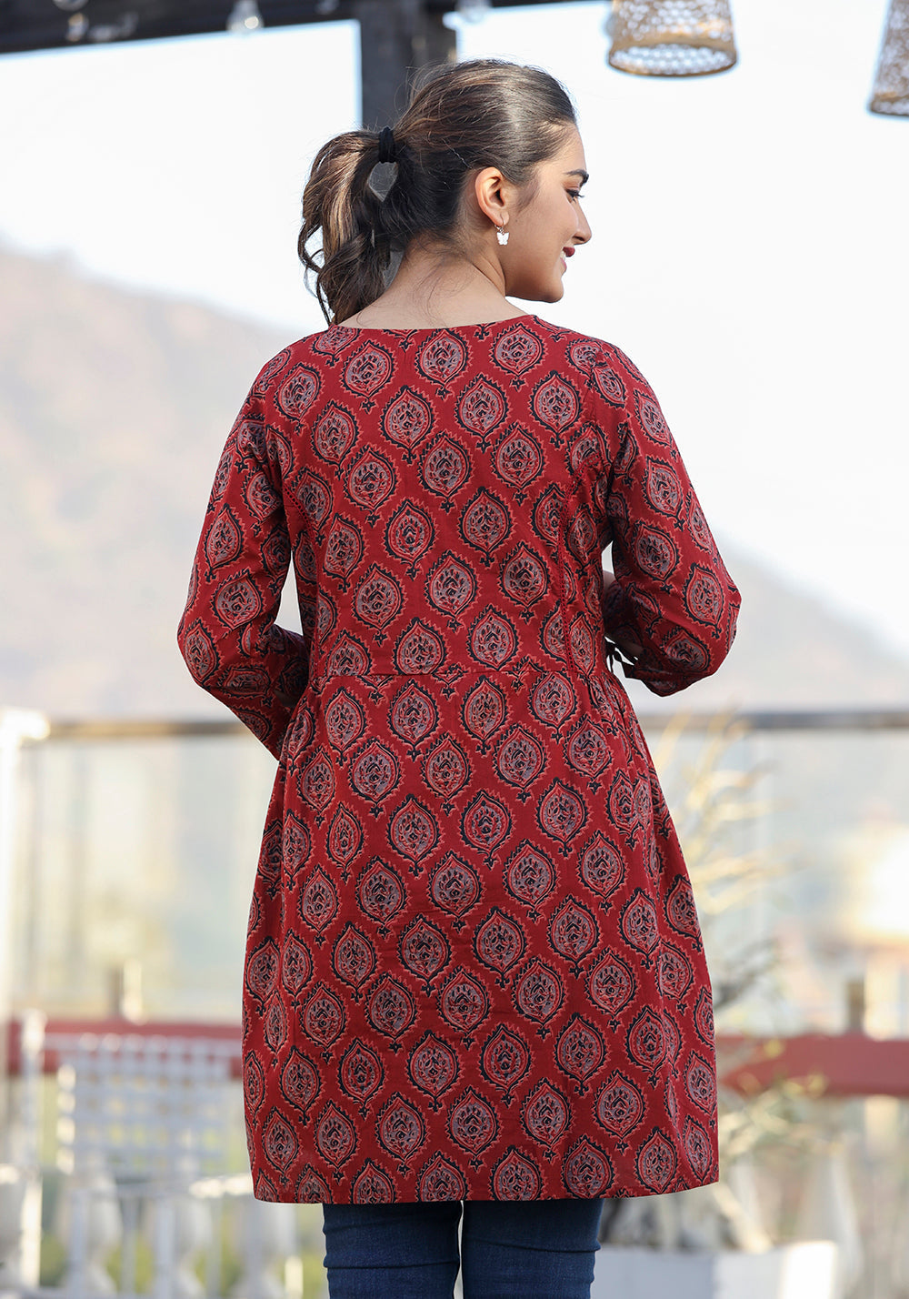 Maroon Ajrak Print Cotton Shirt Style Tunic