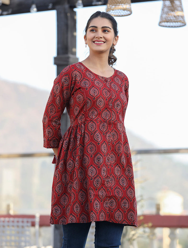 Maroon Ajrak Print Cotton Shirt Style Tunic