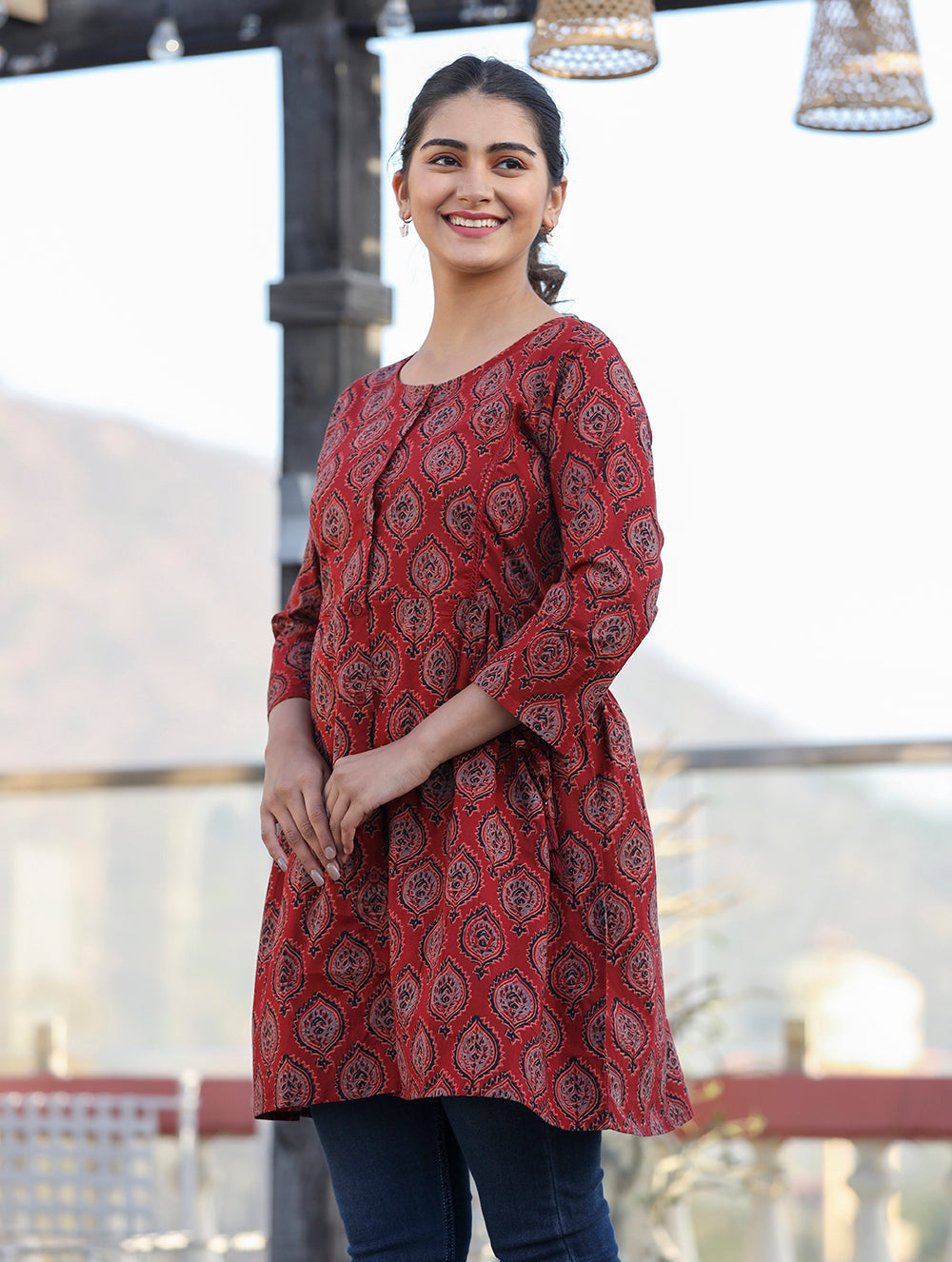 Maroon Ajrak Print Cotton Shirt Style Tunic