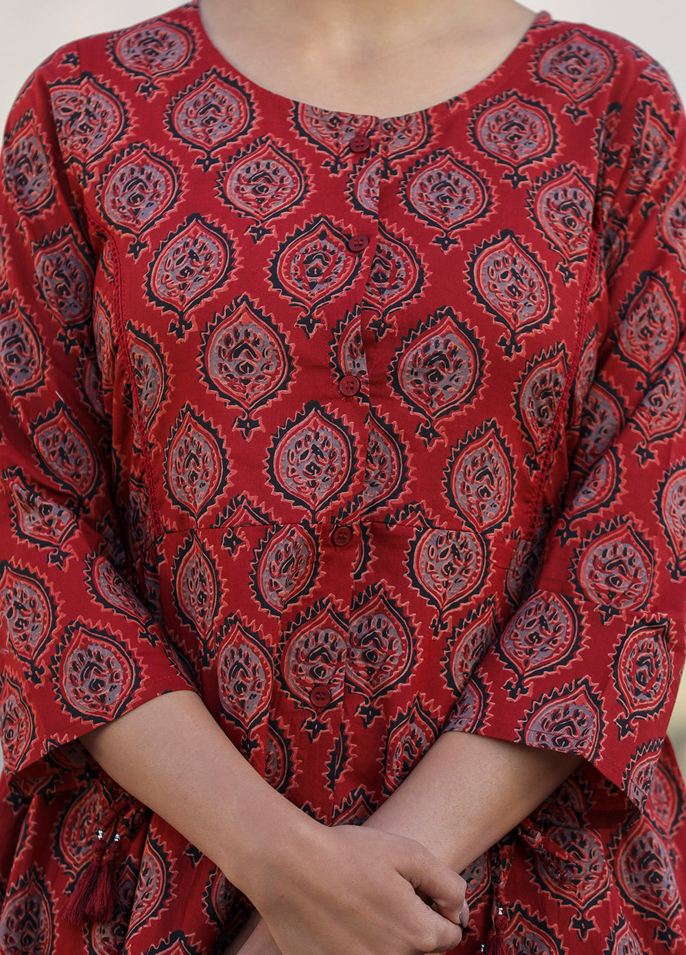 Maroon Ajrak Print Cotton Shirt Style Tunic