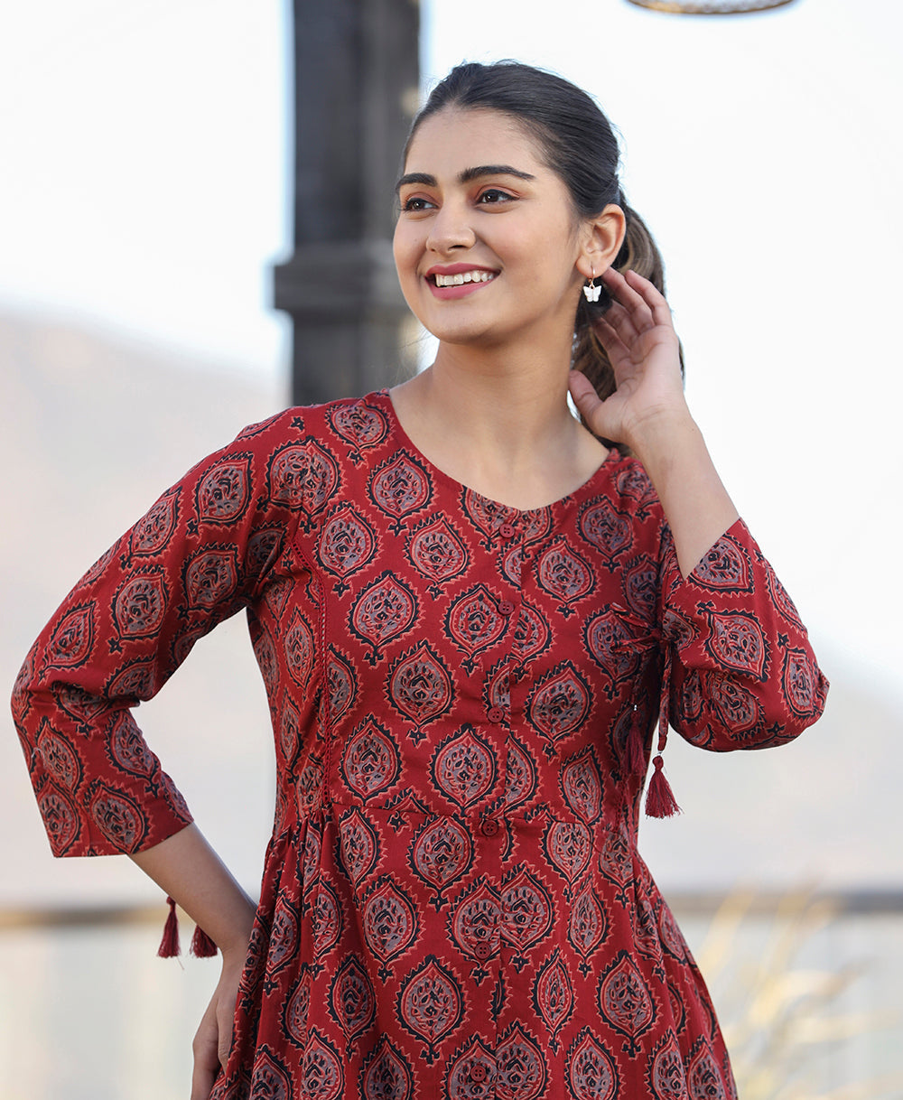 Maroon Ajrak Print Cotton Shirt Style Tunic