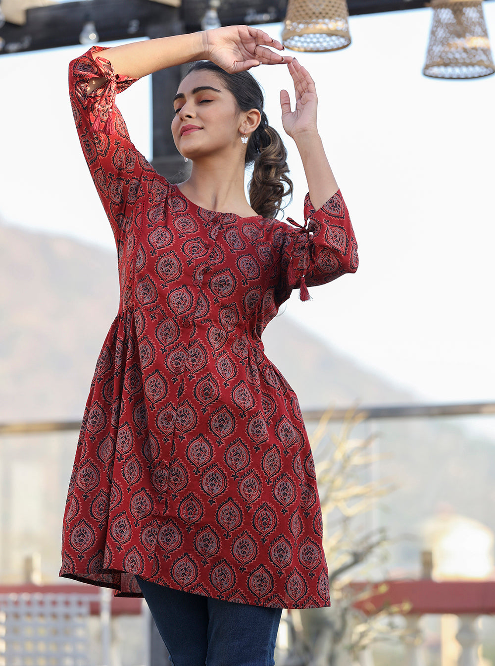 Maroon Ajrak Print Cotton Shirt Style Tunic