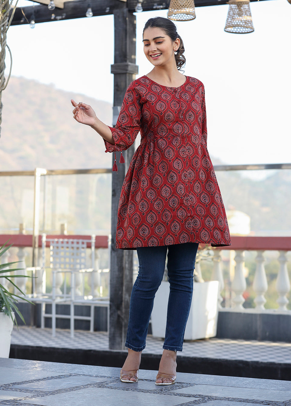 Maroon Ajrak Print Cotton Shirt Style Tunic