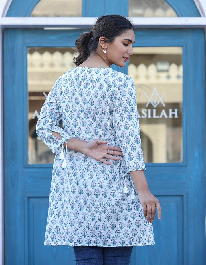 White Printed Cotton Shirt Style Tunic Top