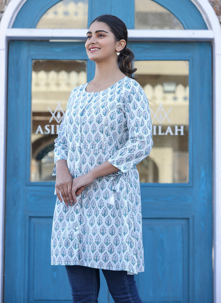 White Printed Cotton Shirt Style Tunic Top