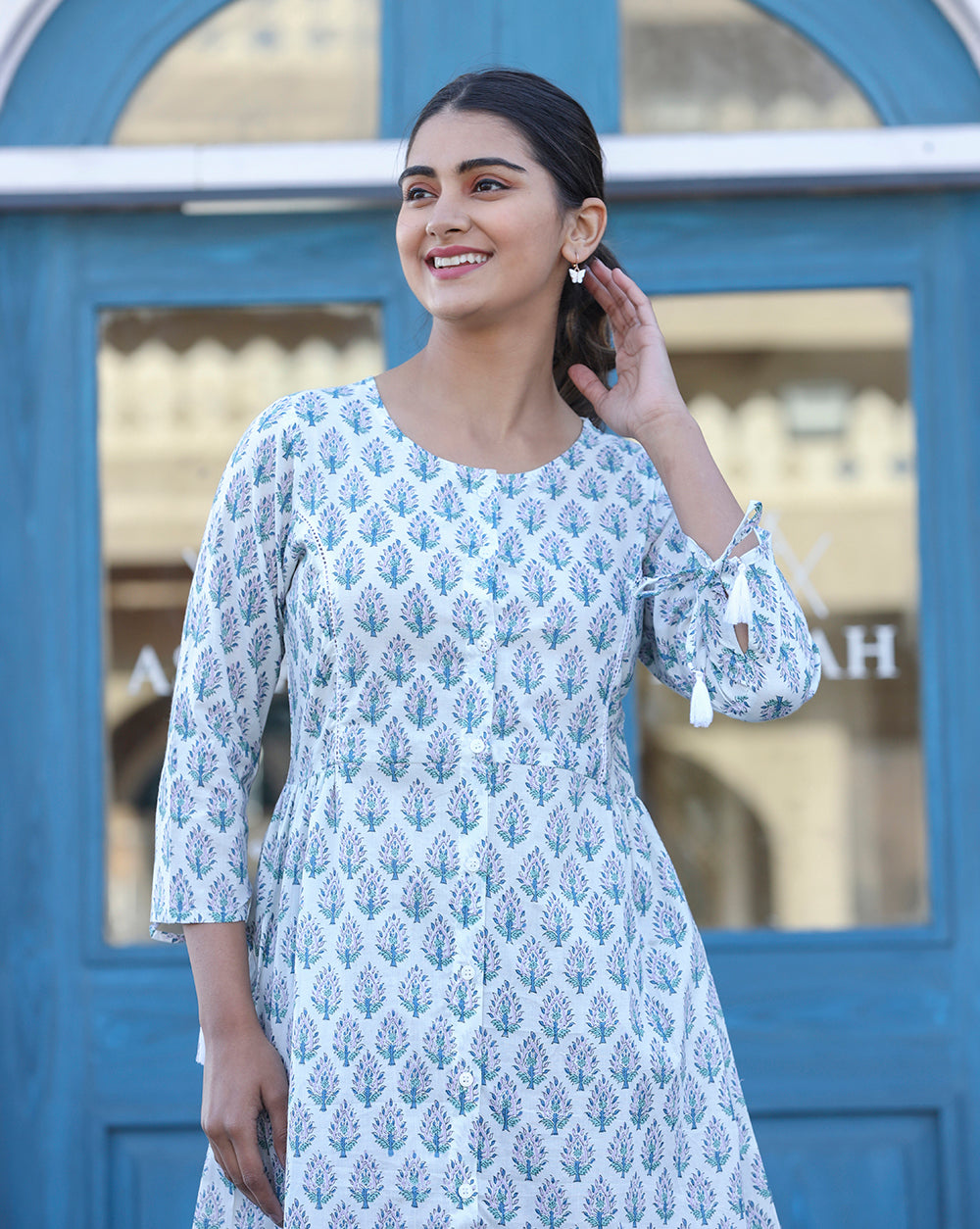 White Printed Cotton Shirt Style Tunic Top