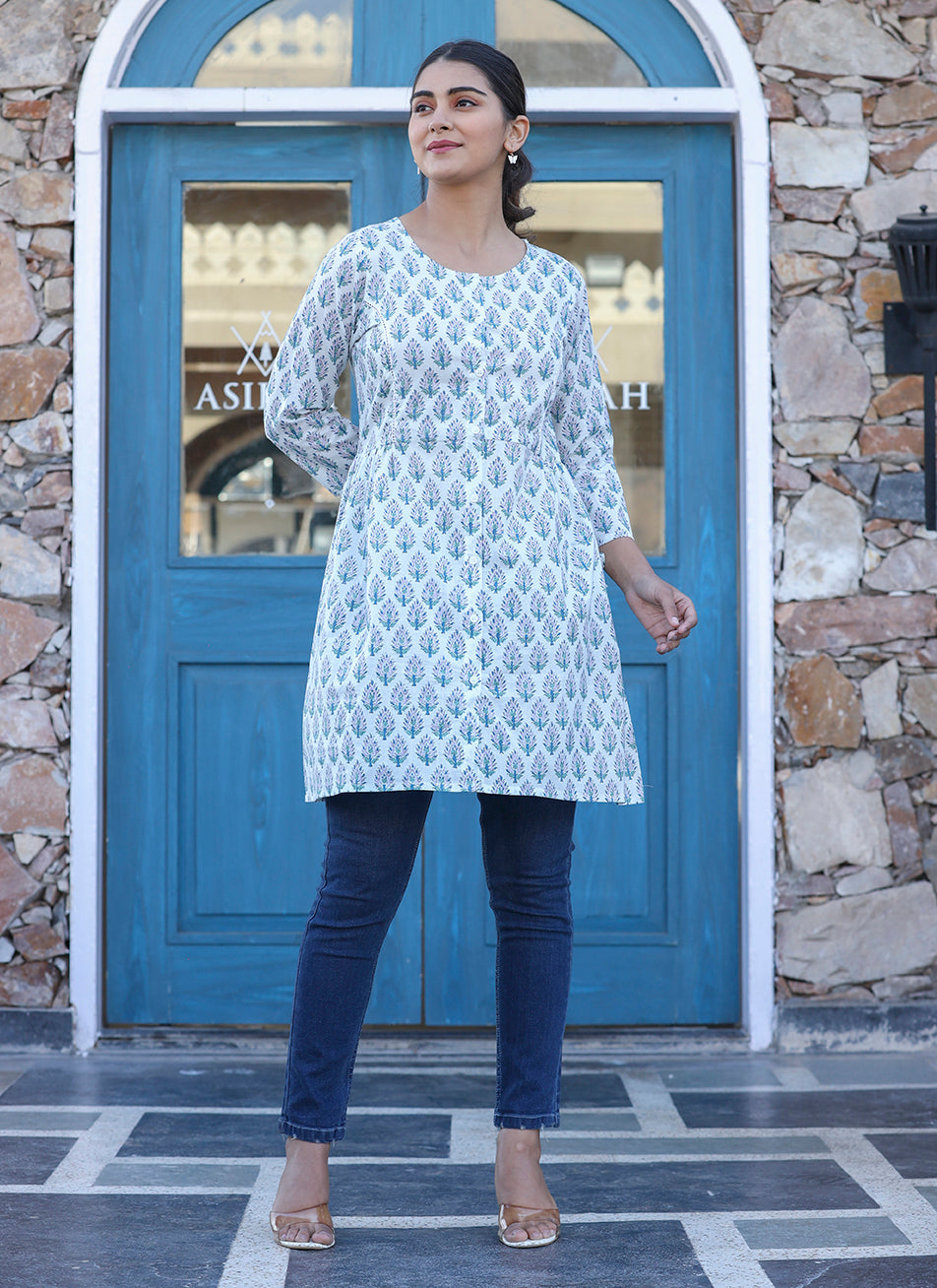 White Printed Cotton Shirt Style Tunic Top