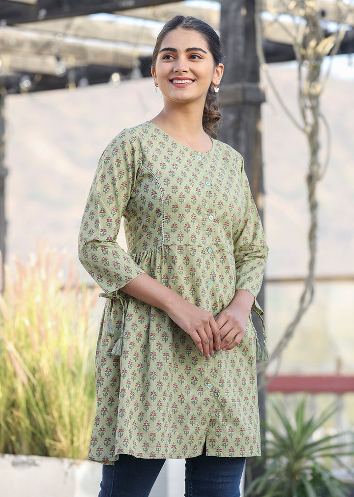 Green Printed Cotton Shirt Style Tunic