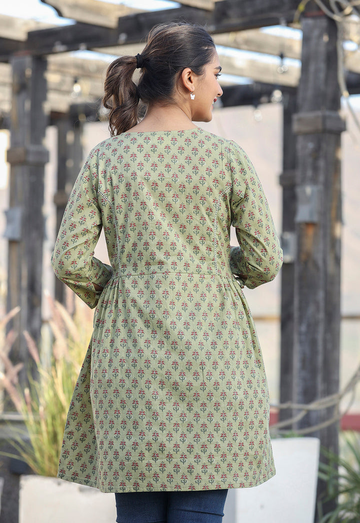 Green Printed Cotton Shirt Style Tunic