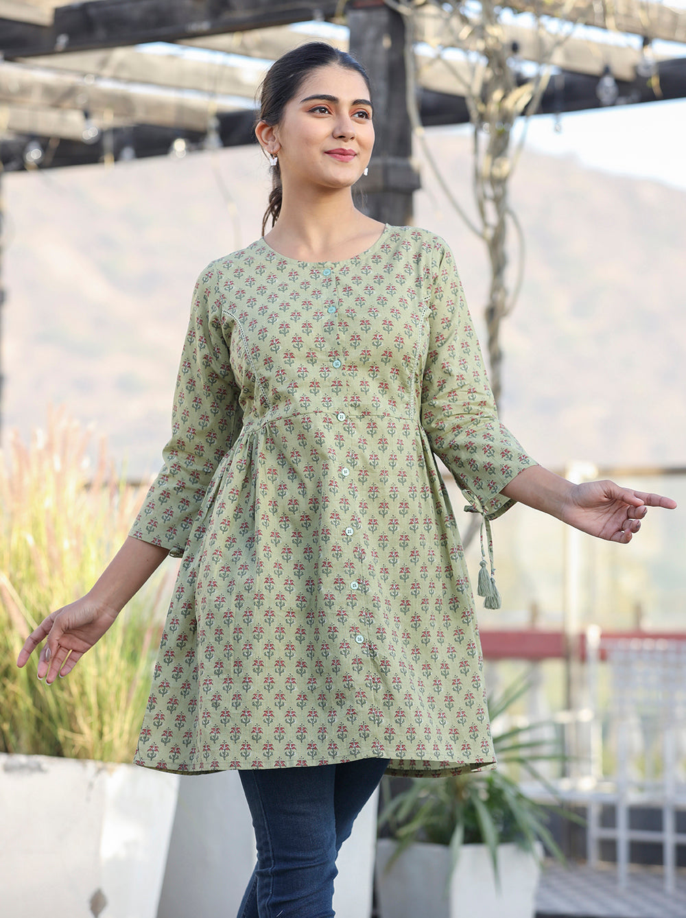 Green Printed Cotton Shirt Style Tunic