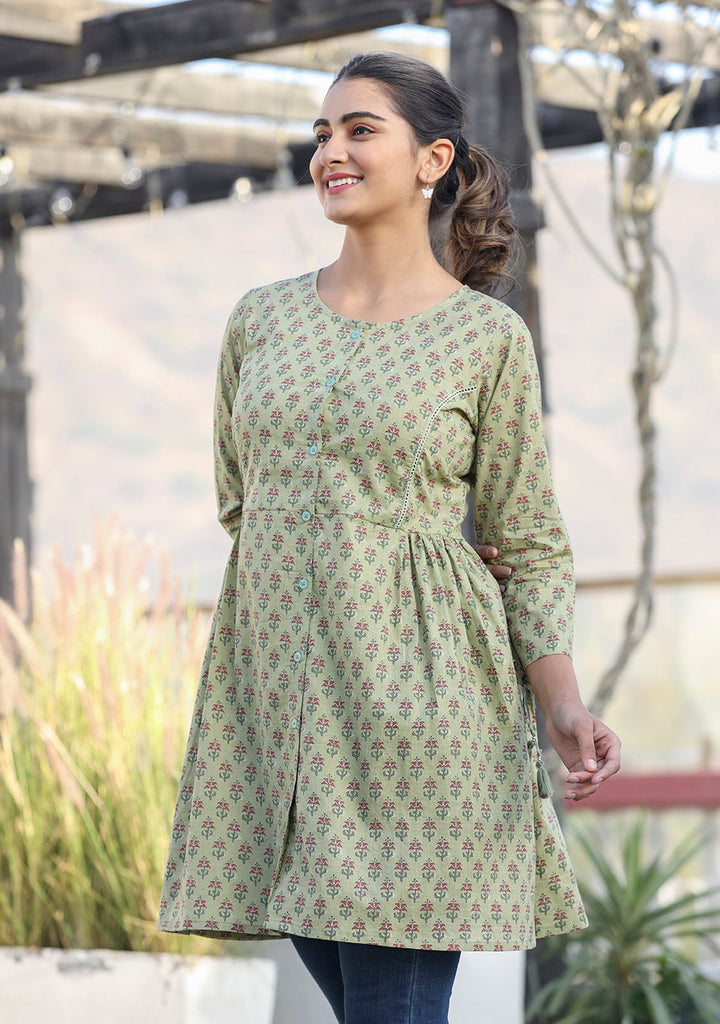 Green Printed Cotton Shirt Style Tunic