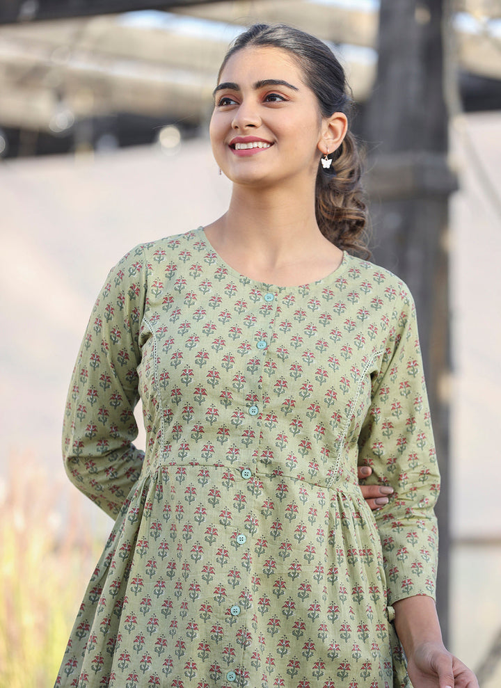 Green Printed Cotton Shirt Style Tunic