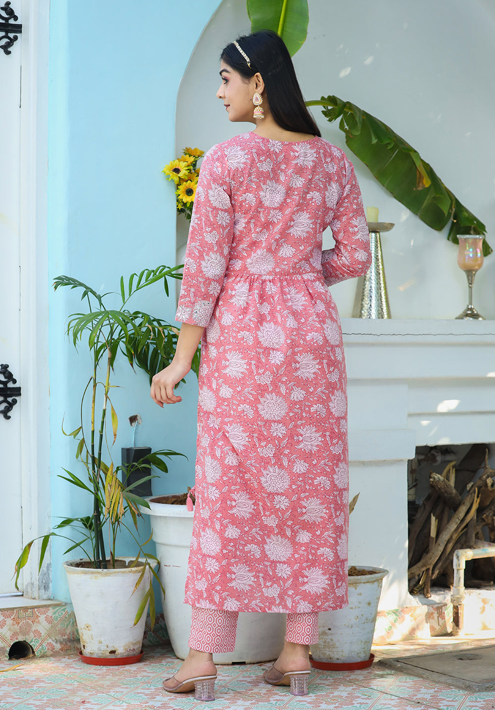 Pink Floral Print Cotton Kurta Pant With Dupatta Set