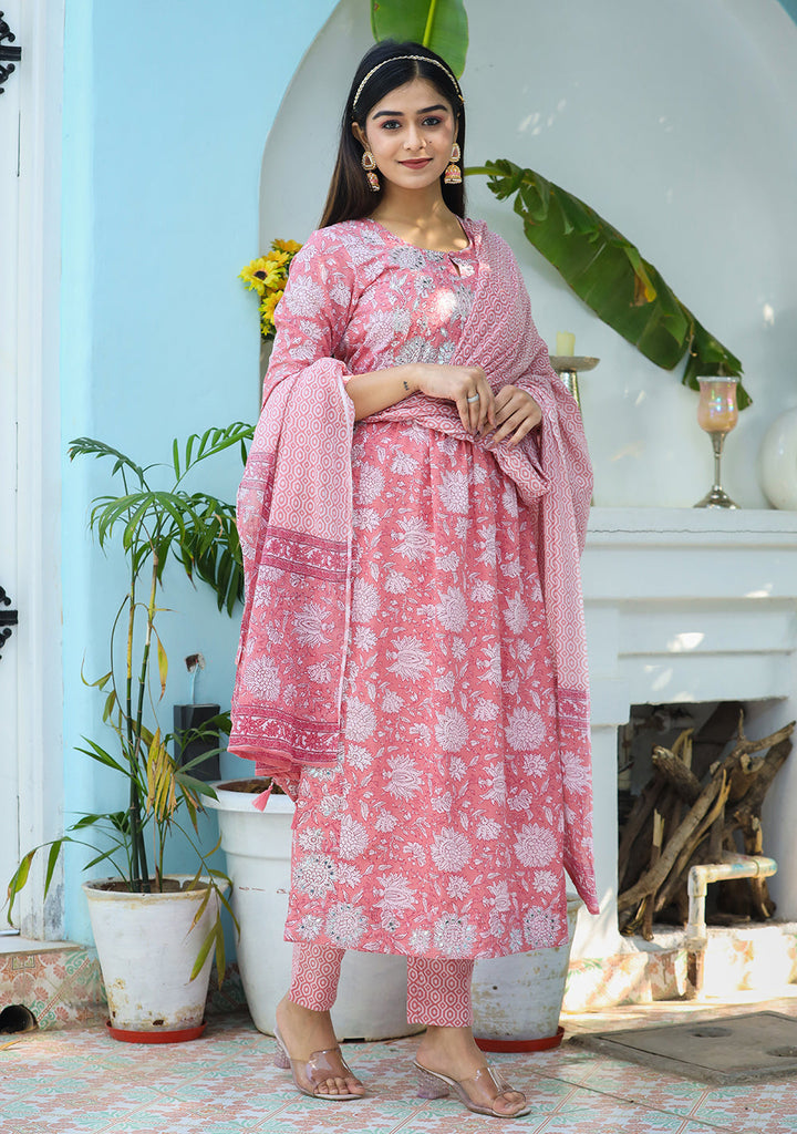 Pink Floral Print Cotton Kurta Pant With Dupatta Set