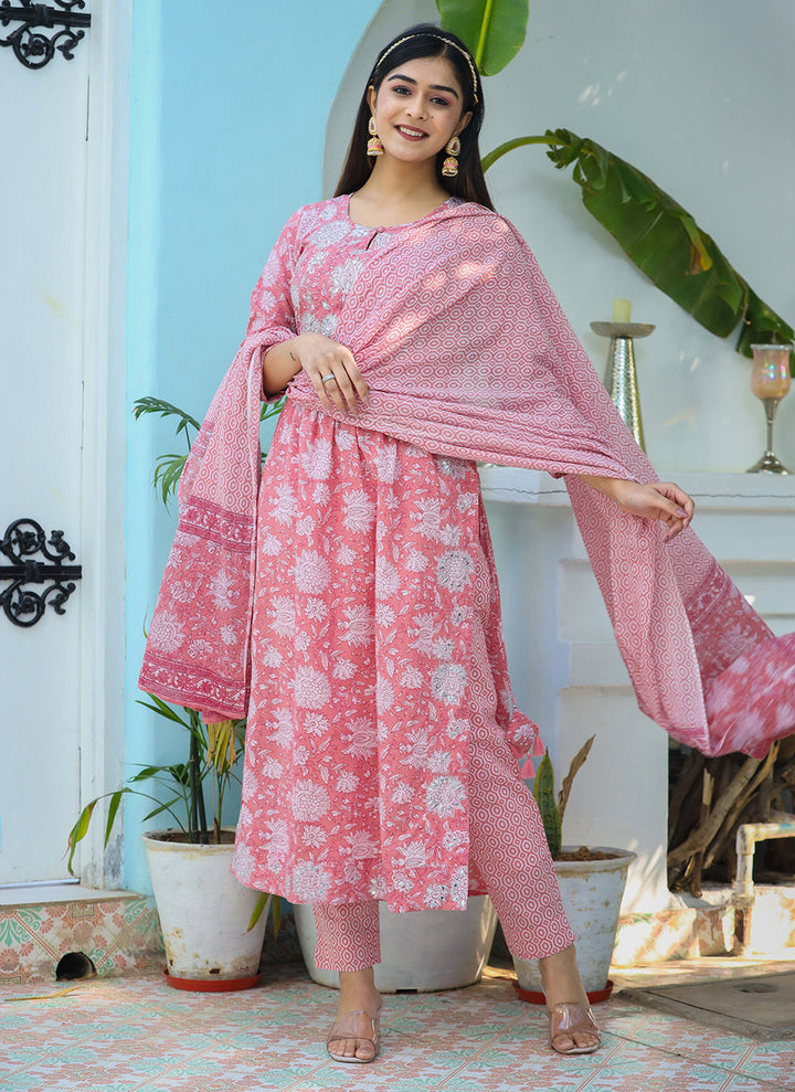 Pink Floral Print Cotton Kurta Pant With Dupatta Set