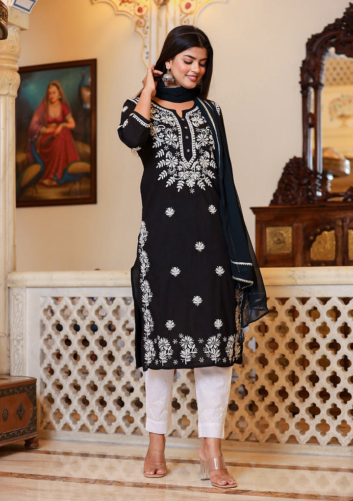 Black Lucknow Chikankari Kurta Set With Pant and Dupatta
