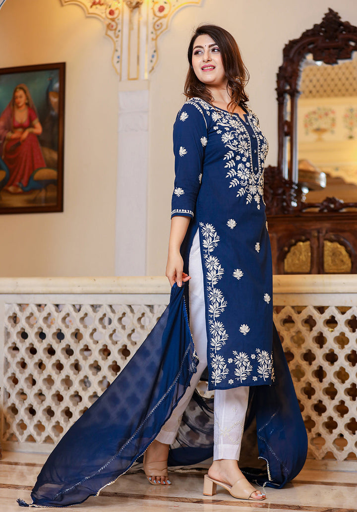 Navy Chikankari Suit Set With Dupatta