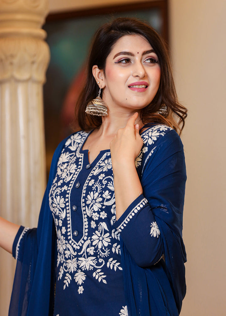 Navy Blue Lucknow Chikankari Kurta Set With Pant and Dupatta