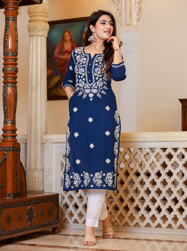 Navy Blue Lucknow Chikankari Kurta Set With Pant and Dupatta