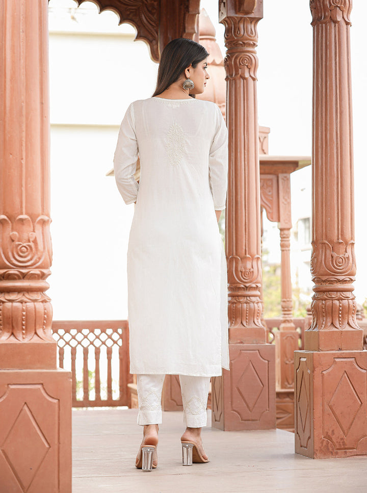 Off White Lucknow Chikankari Cotton Kurta Set With Dupatta