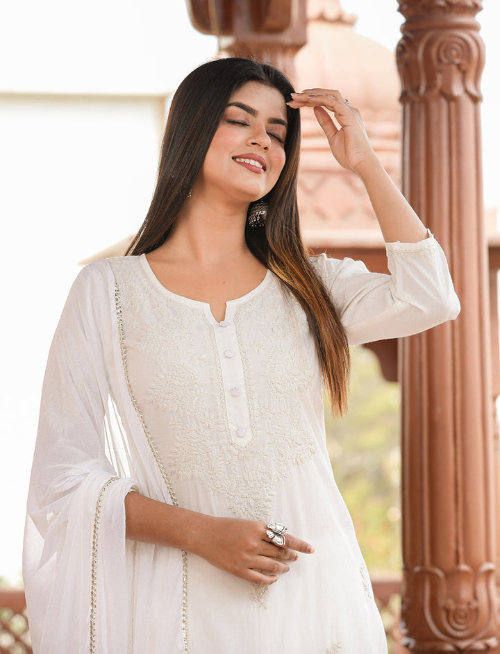 Off White Lucknow Chikankari Cotton Kurta Set With Dupatta