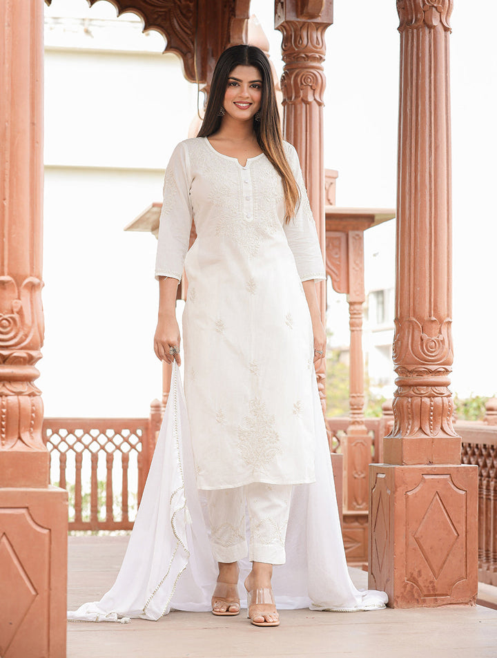 Off White Lucknow Chikankari Cotton Kurta Set With Dupatta