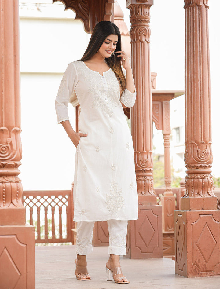 Off White Lucknow Chikankari Cotton Kurta Set With Dupatta