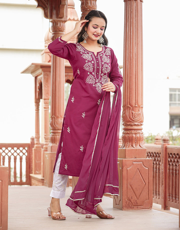 Wine Red Lucknow Chikankari Cotton Kurta Set With Dupatta