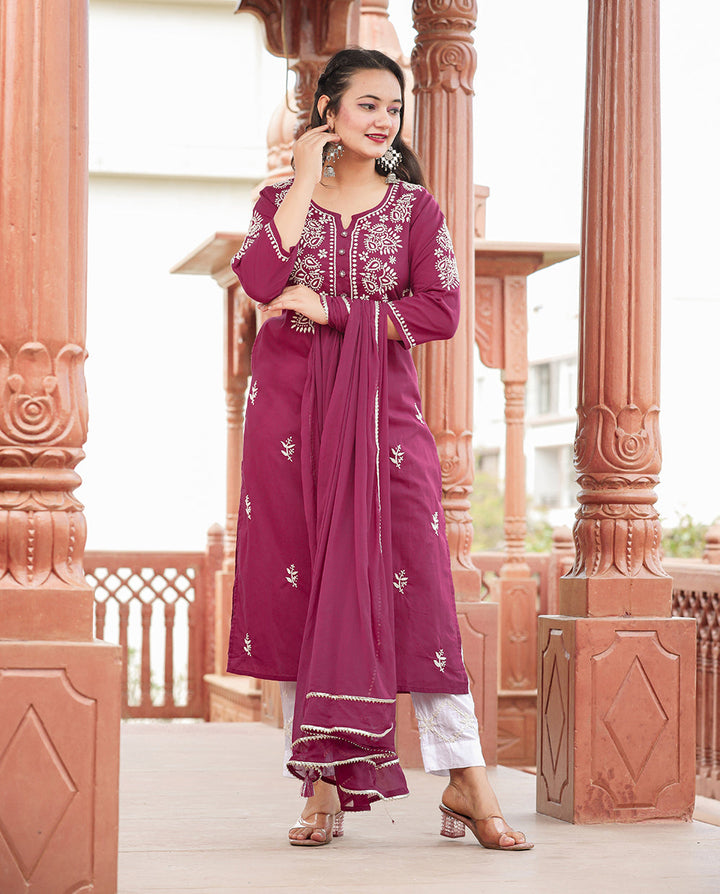 Wine Red Lucknow Chikankari Cotton Kurta Set With Dupatta