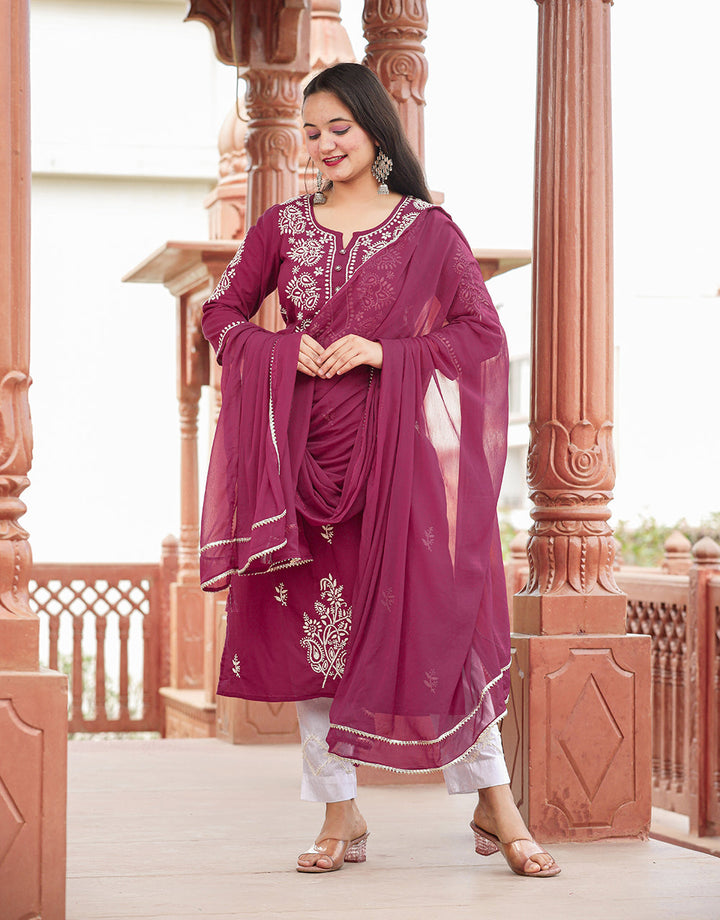 Wine Red Lucknow Chikankari Cotton Kurta Set With Dupatta