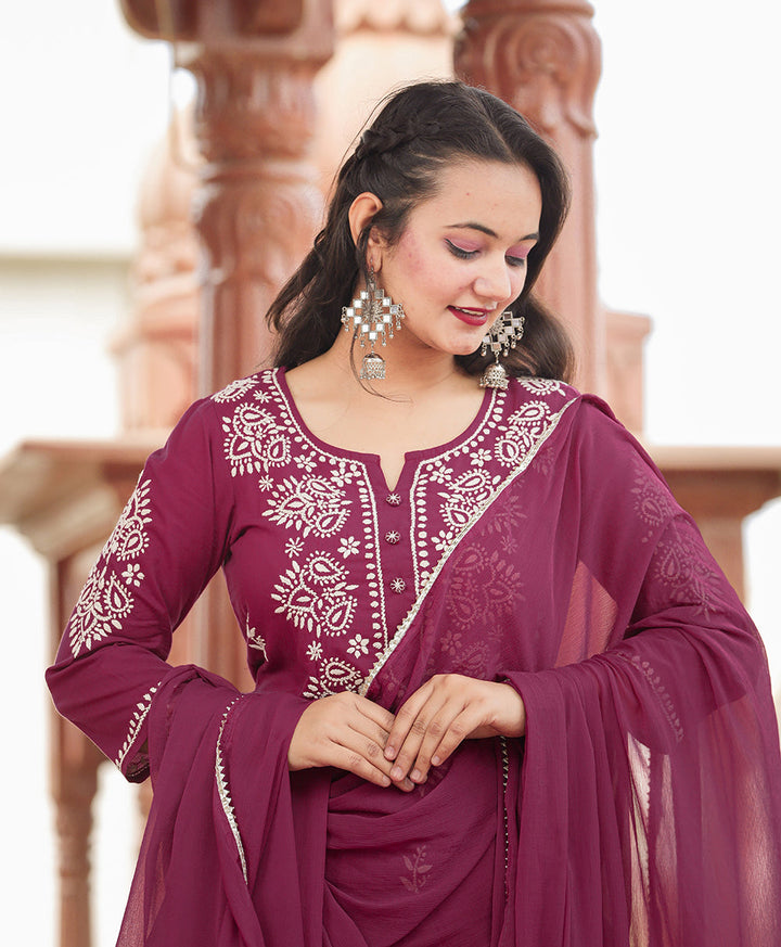 Wine Red Lucknow Chikankari Cotton Kurta Set With Dupatta