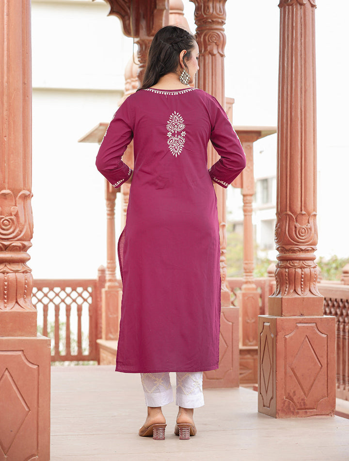 Wine Red Lucknow Chikankari Cotton Kurta Set With Dupatta