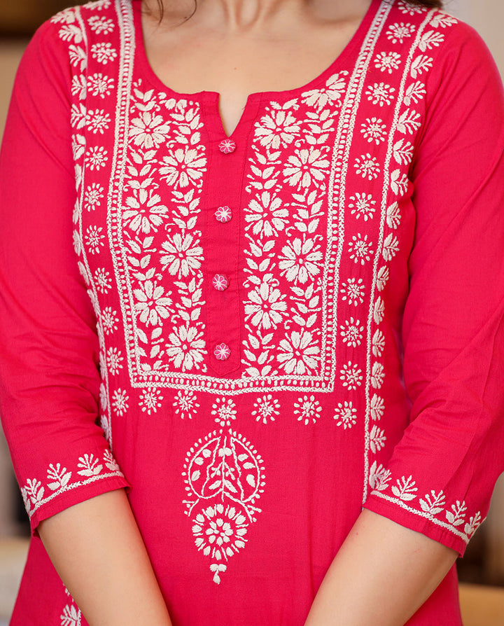 Pink Cotton Chikankari Kurta Pant With Dupatta Set