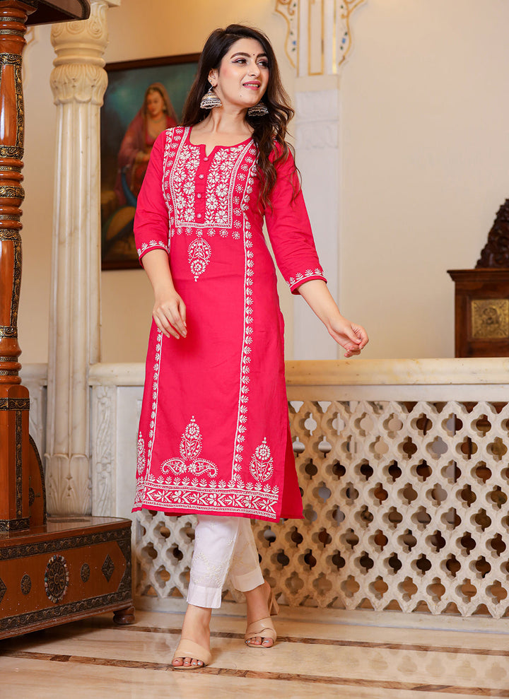 Pink Hand Embroidered Lucknow Chikankari Kurta Set With Dupatta
