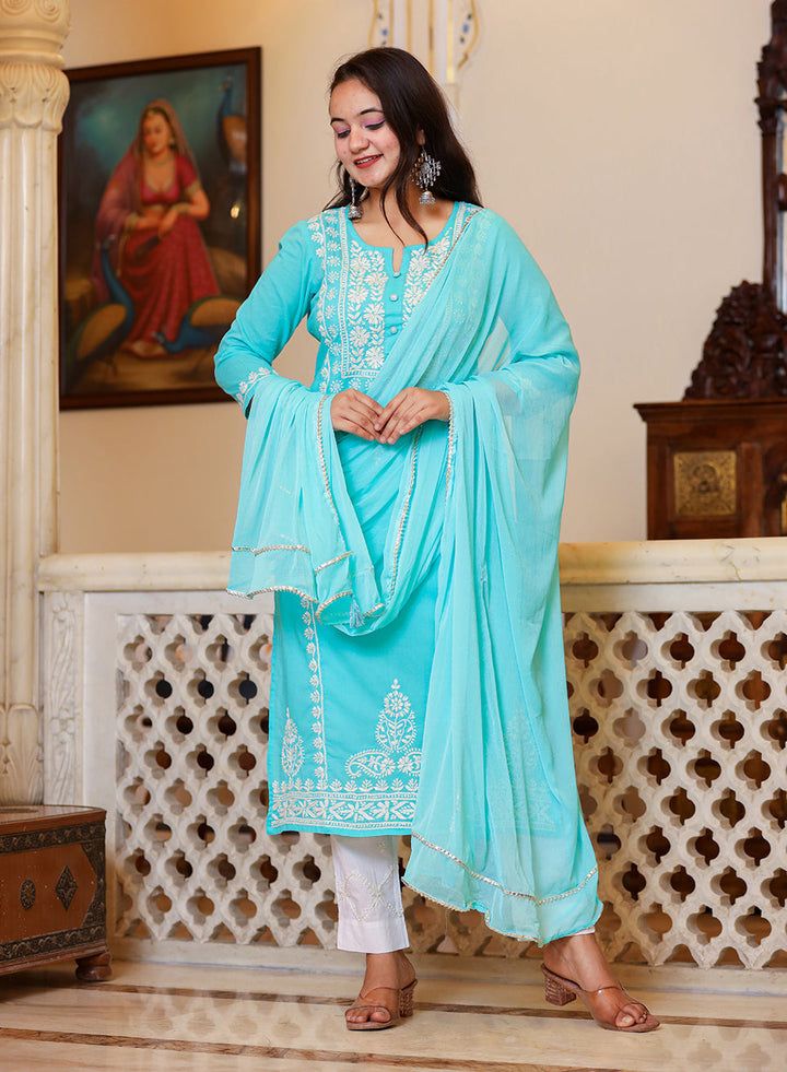 Turquoise Hand Embroidery Chikankari Suit Set For Women