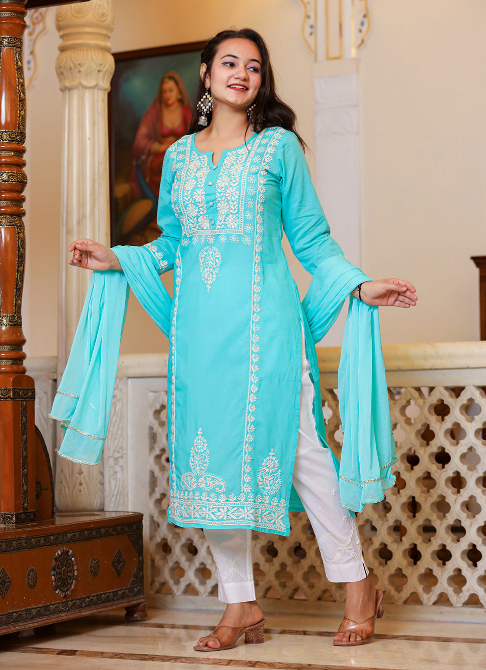 Turquoise Lucknow Chikankari Kurta Pant With Duptta