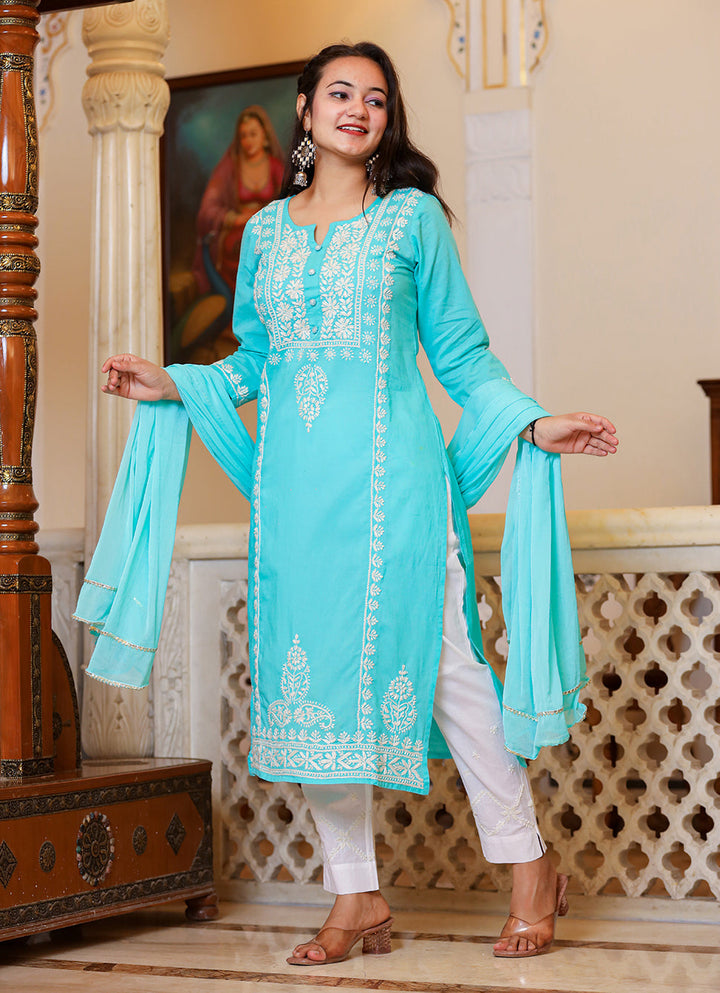 Turquoise Lucknow Chikankari Kurta Pant With Duptta