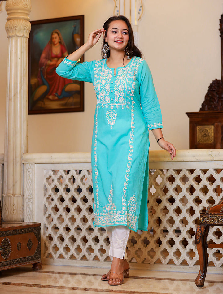 Turquoise Hand Embroidered Lucknow Chikankari Kurta Set With Dupatta