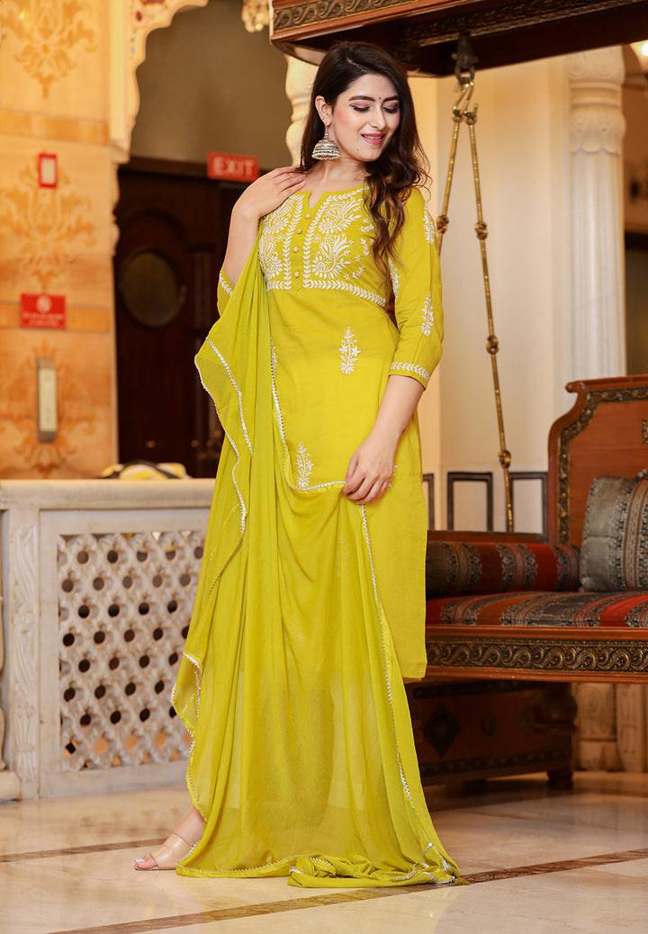 Buy Mustard Lucknow Chikankari Suit Set