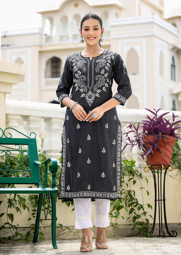 Black Lucknow Chikankari Kurta Pant Set