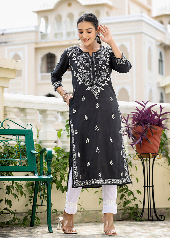 Black Lucknow Chikankari Kurta Pant Set