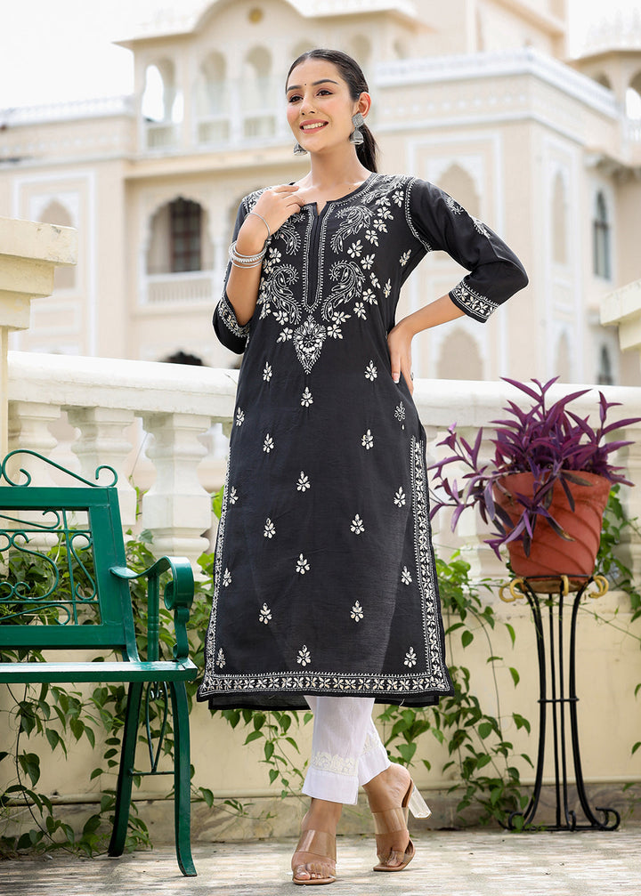 Black Lucknow Chikankari Kurta Pant Set