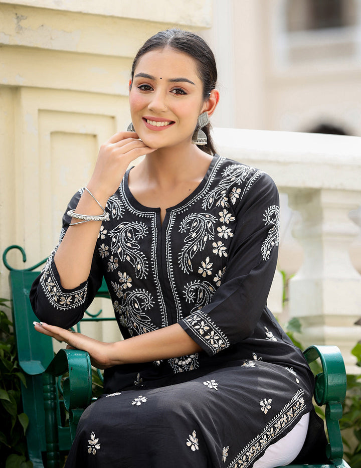 Black Lucknow Chikankari Kurta Pant Set